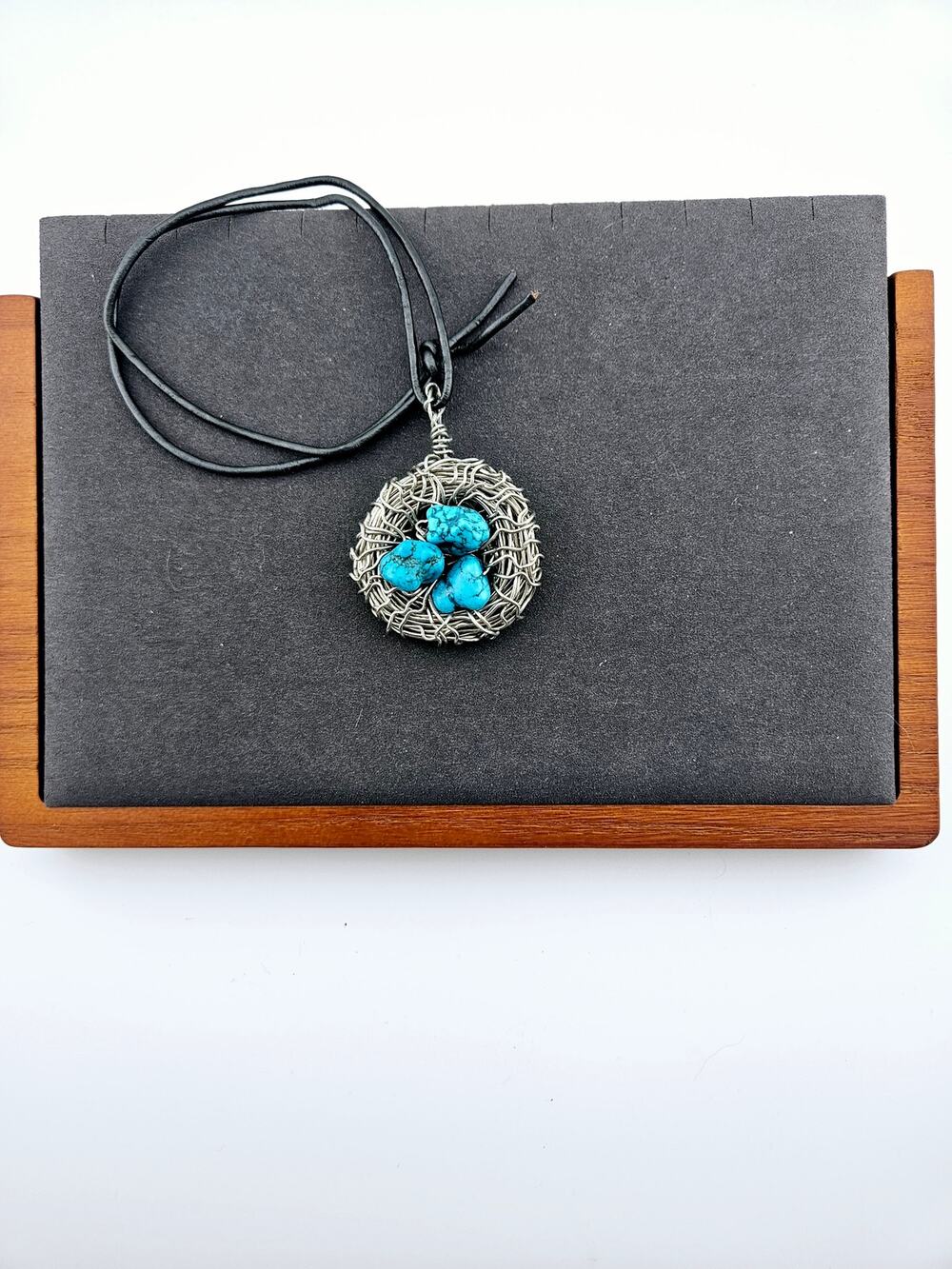 Silver Tone Wire Bird Nest Pendant On Black Leather Cord Necklace Turquoise Eggs